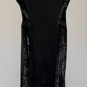 Adelyn Rae Black Jumpsuit Flocked Glitter Tuxedo Stripes Hidden Zip Size L NWT